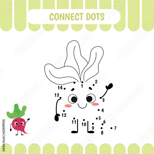 Dot to dot educational game for preschool kids. Beet. Activity worksheet. Counting number  handwriting practice. Vector Illustration.