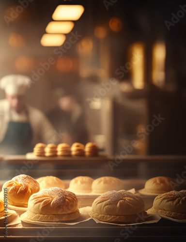 Bakery in the morning, hot fresh bread and pastry baking in the old town bakery, freshly baked products on shelves and the oven, small local business and food production Fototapet