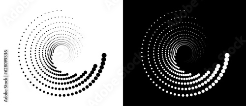 Circle abstract background  with dynamic halftone dots in spiral. Black shape on a white background and the same white shape on the black side.