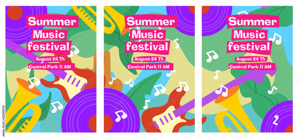 set of tropical nad music instrument for summer music festival poster template . abstract style painting vector illustration