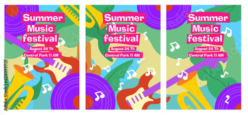 set of tropical nad music instrument for summer music festival poster template . abstract style painting vector illustration