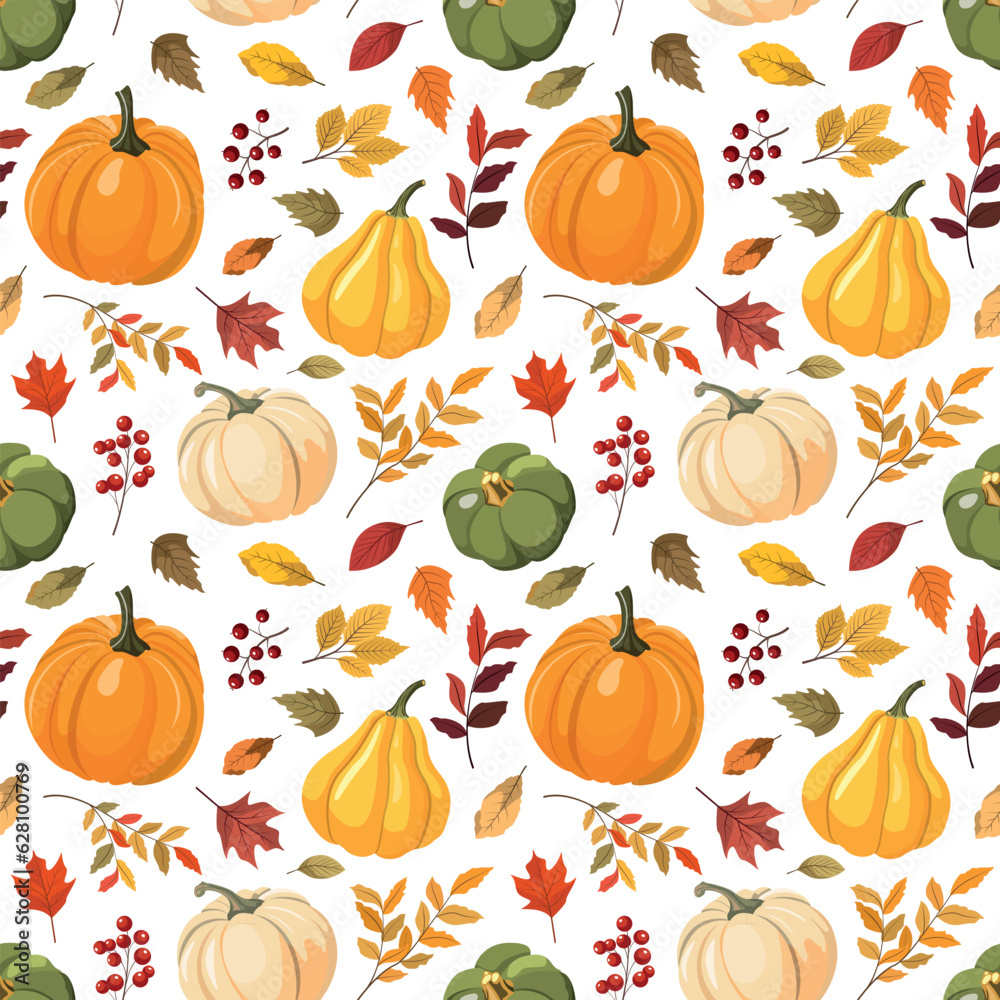 Autumn seamless pattern with colorful pumpkins, forest leaves and red berries. Vector illustration. Isolated on white background. Fall harvest, Thanksgiving wallpaper.