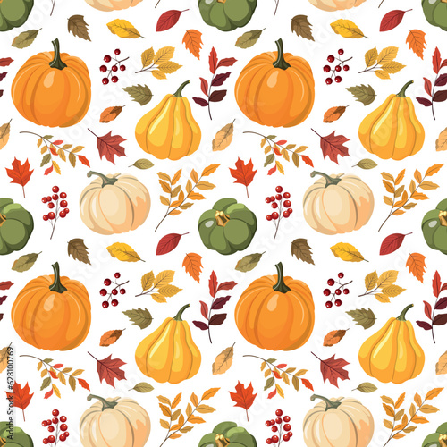 Autumn seamless pattern with colorful pumpkins, forest leaves and red berries. Vector illustration. Isolated on white background. Fall harvest, Thanksgiving wallpaper.
