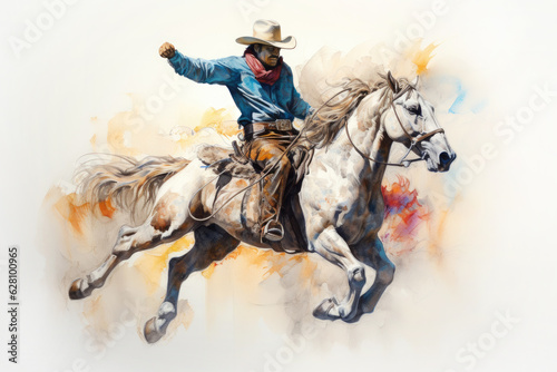 Cowboy taming the wild horse, colorful watercolor painting on paper.