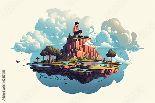 Dreaming alone woman sitting on a mountain on small island with river floating in the sky among the clouds