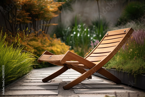 Empty brown wooden deck chair or chaise longue on tile among decorative grass and flowers in recreation area. Garden landscape with chairs at backyard