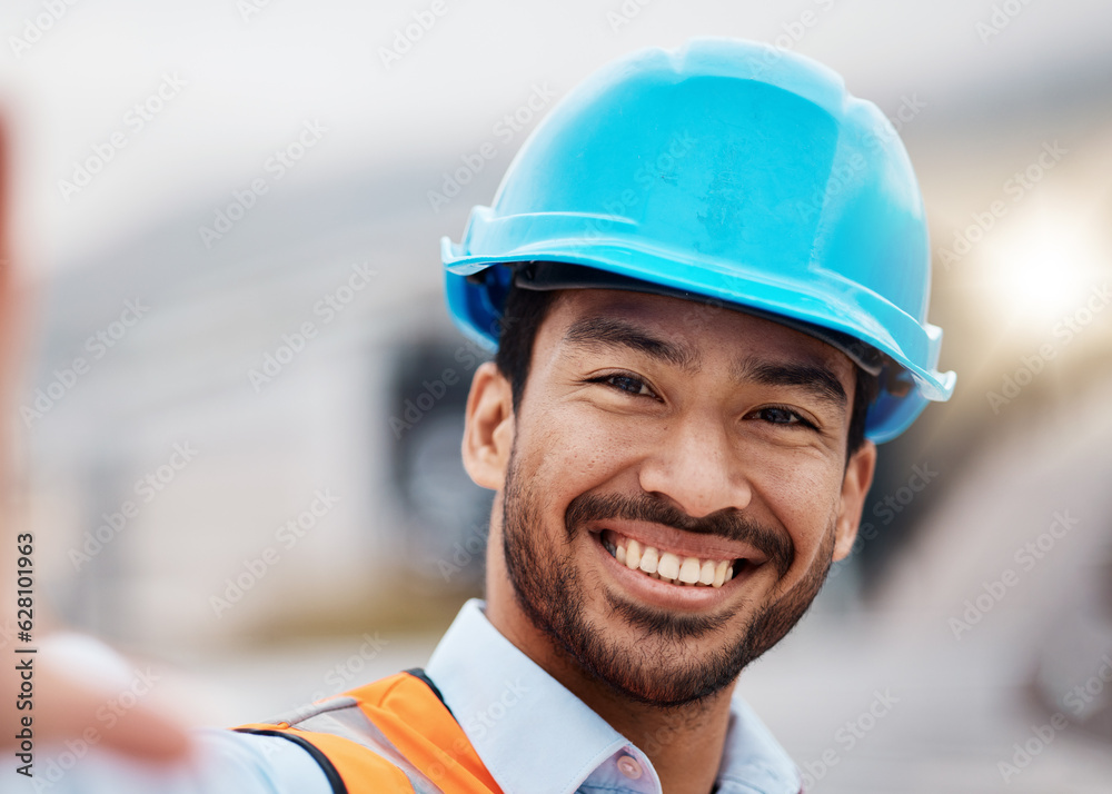 Construction worker, selfie and portrait with helmet outdoor of builder and maintenance employee. Happy, face and male person doing engineering, property planning and building development project Construction worker, selfie and portrait with helmet outdoor of builder and maintenance employee. Happy, face and male person doing engineering, property planning and building development project