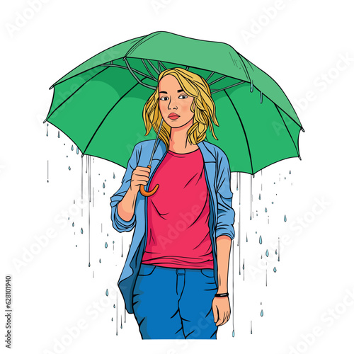 women holding umbrella in raining. character design. season concept.