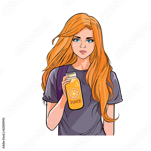 Girl holding juice in a glass bottle. smiling face with happy eyes.