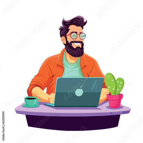 Happy Business man at the desktop with a laptop. Freelancer or office worker.