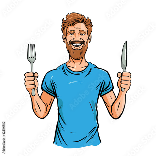Hungry bearded Man holding knife and fork. Hungry man waiting for food. Vector illustration isolated on white background