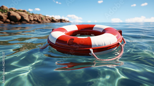 A red and white life preserver floating on calm blue waters. Generative Ai