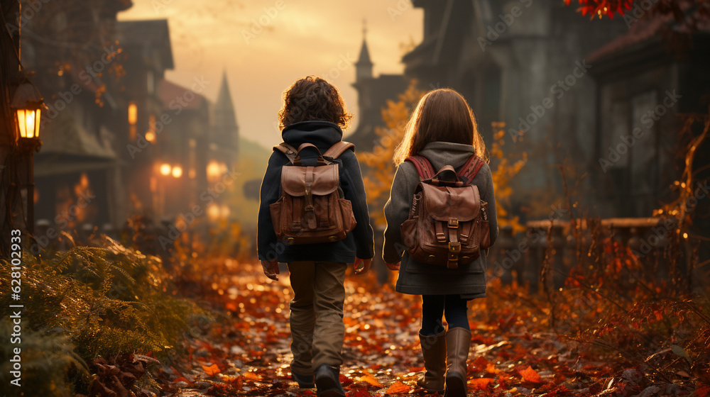 Back view of little kids with backpacks going to school. Generative Ai Back view of little kids with backpacks going to school. Generative Ai