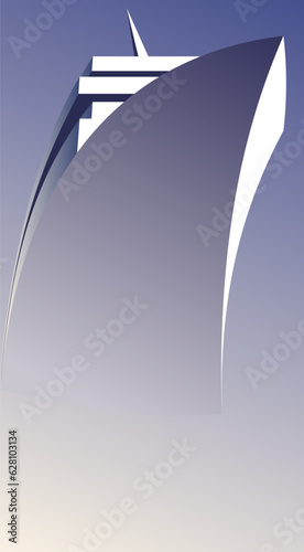 White cruise ship, liner, boat swim at South sea, Pacific, Atlantic ocean. Travel agency, booking voyage tickets concept. Calm good weather day marine, nature landscape, scenery. Vector illustration
