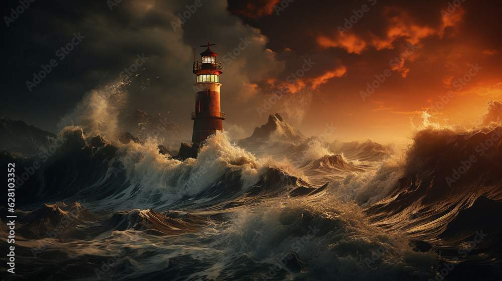 Beautiful lighthouse in a dramatic storm. Generative Ai