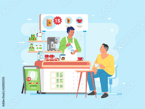 Man Drink coffee and chat in Coffeshop. Barista and customer in small coffee shop Coworking