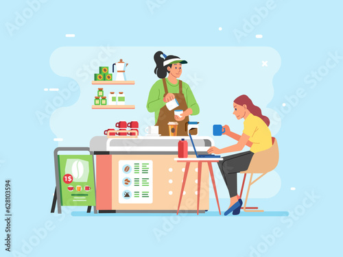Woman Drink coffee and working on laptop in Coffeshop. Barista and customer in small coffee shop Coworking