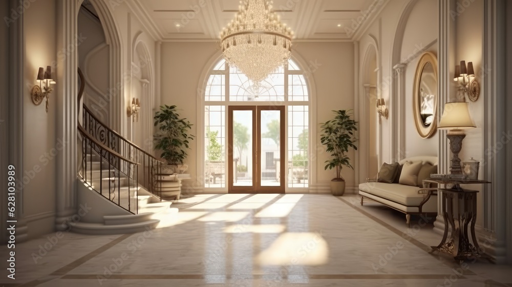 A grand and welcoming entryway with stylish lighting and furniture. AI generated
