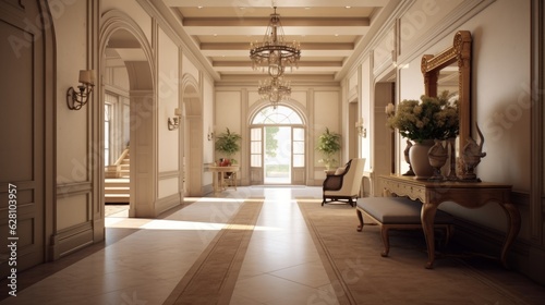 A grand and welcoming entryway with stylish lighting and furniture. AI generated © PandaStockArt