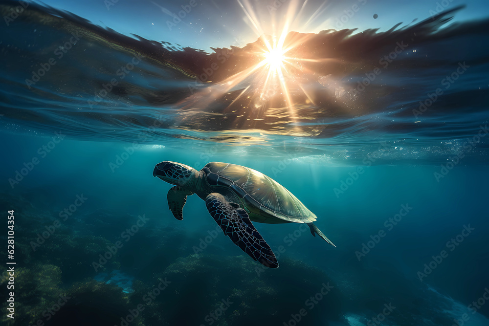Sea turtle swimming at the bottom of the shallow sea