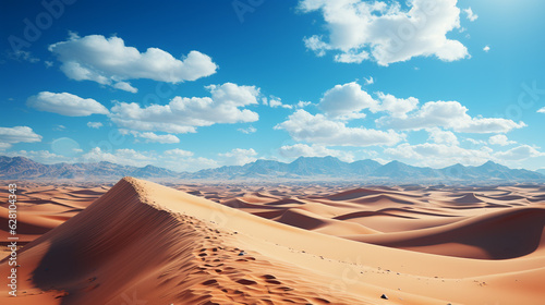 Desert landscape with sand dunes under the blue sky with white clouds. Generative Ai