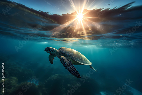 Sea turtle swimming at the bottom of the shallow sea