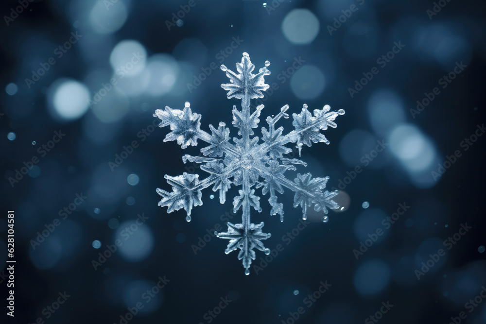 Surreal shot of a delicate snowflake suspended in mid-air, isolate dark blue background. Generative AI Surreal shot of a delicate snowflake suspended in mid-air, isolate dark blue background. Generative AI