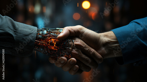 Digital robot handshake human hand. Generative Ai