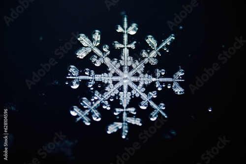 Surreal shot of a delicate snowflake suspended in mid-air, isolate dark background. Generative AI