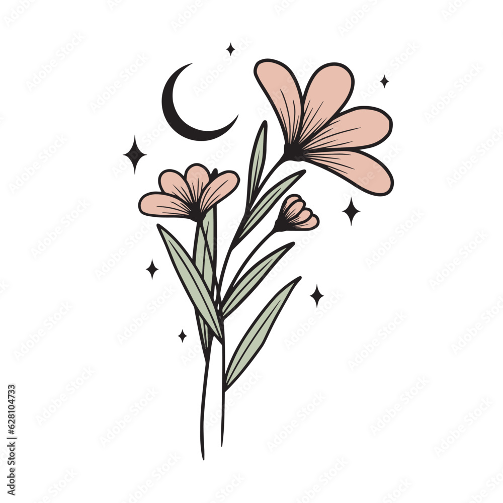 Minimalistic line art illustration of flowers with moon and star, vector art Minimalistic line art illustration of flowers with moon and star, vector art