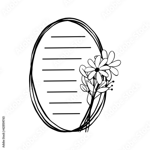 Beautiful Flowers, Pollen and Leaves on Triple Oval Frame with Black line in for message like notepaper. Vector illustration about stationery.