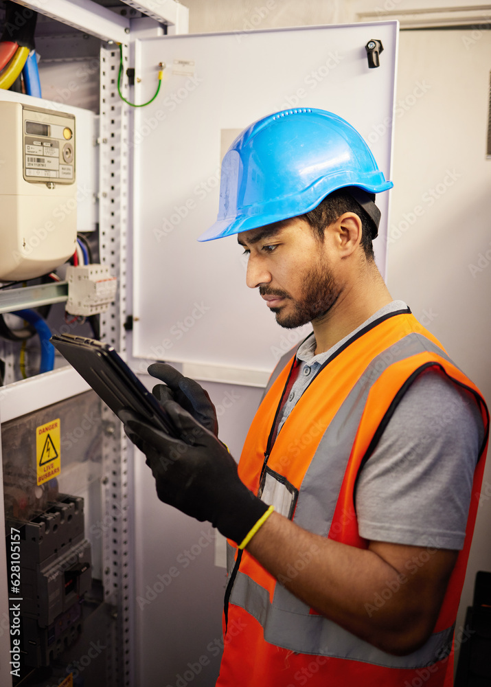 Tablet, engineering and man with electricity box for repair, maintenance and technician inspection. Industrial, electrician and male worker on digital tech for service, test or power source check Tablet, engineering and man with electricity box for repair, maintenance and technician inspection. Industrial, electrician and male worker on digital tech for service, test or power source check