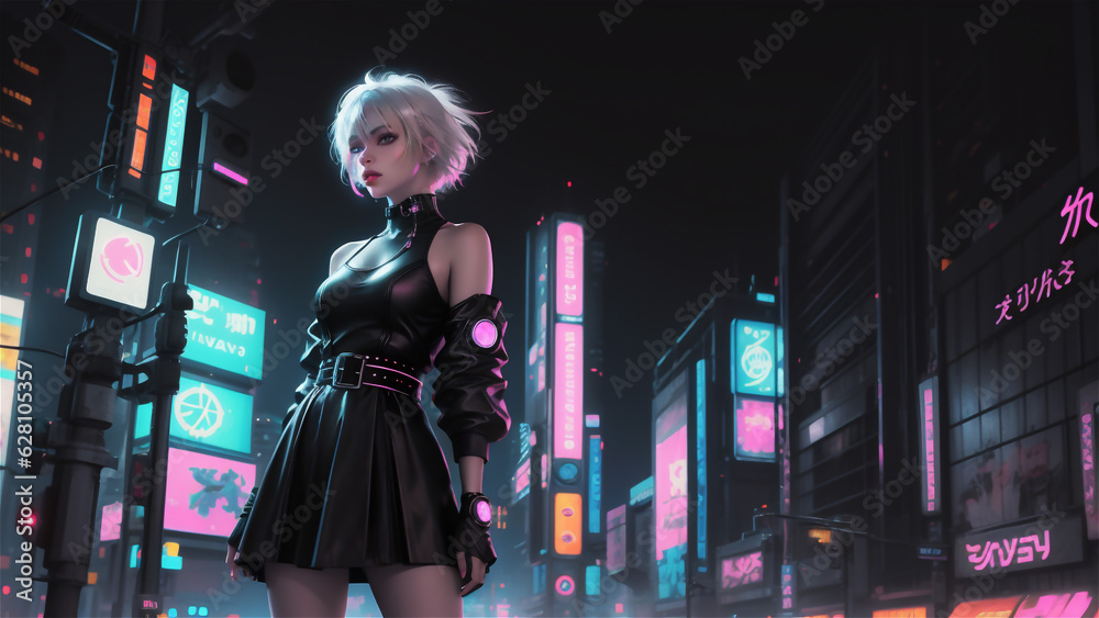 Cyberpunk Women. Futuristic cyber background. Cyber Anime Girl. 