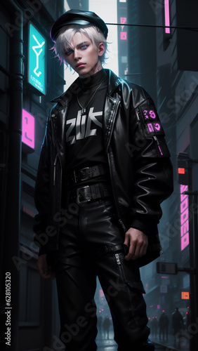 Cyberpunk man. Futuristic cyber background, Cyber Anime handsome boy.