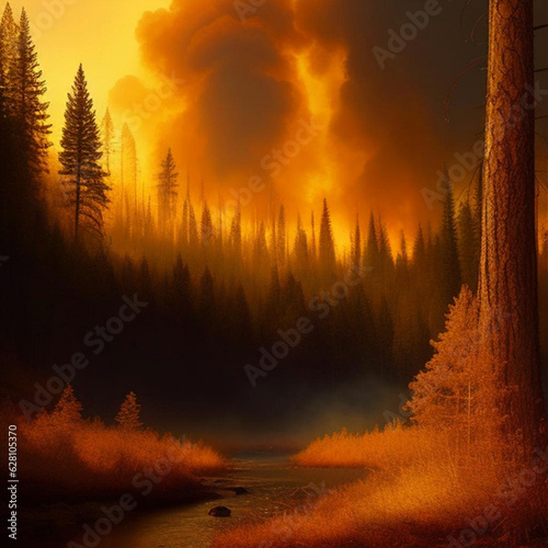 Forest fire as a result of climate change and global warming and rising temperatures.  Generative AI