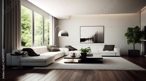 A clean living room showcasing minimalist interior design. AI generated