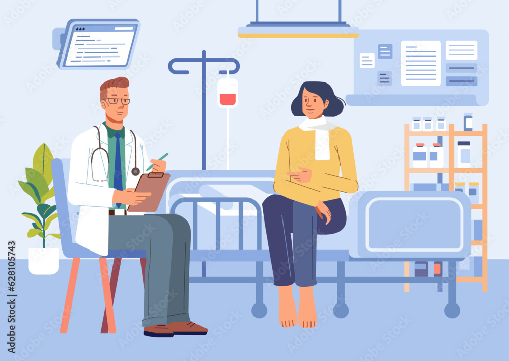 Doctor and girl patient at desk in hospital office. Clinic visit for exam, meeting with physician, conversation with medic about diagnosis results Doctor and girl patient at desk in hospital office. Clinic visit for exam, meeting with physician, conversation with medic about diagnosis results