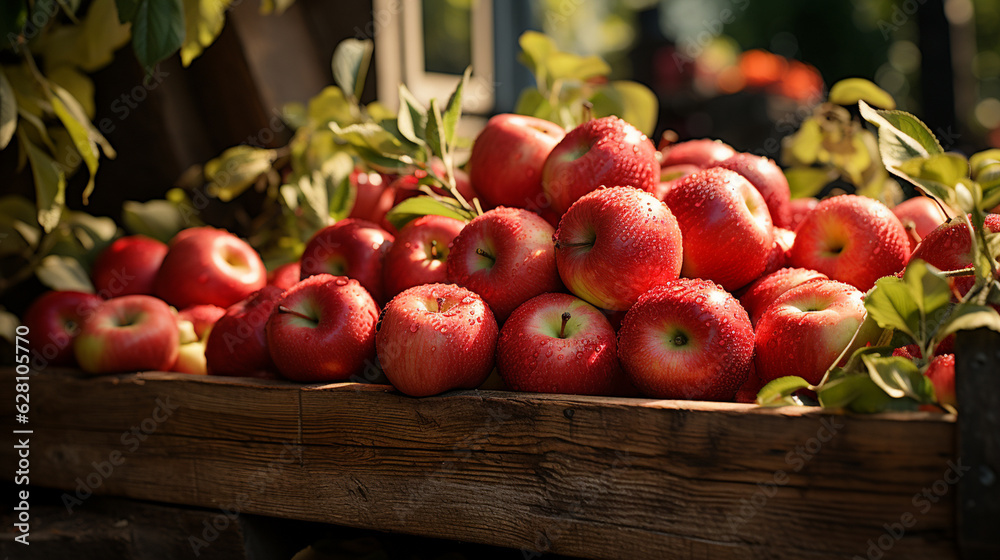 Many fresh red apples in wooden boxes. Generative Ai Many fresh red apples in wooden boxes. Generative Ai