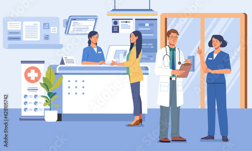 Fototapeta Naklejka Na Ścianę i Meble -  Reception medical center flat vector illustration. doctor talking to nurse character. Hospital waiting room interior. Health and medicine concept