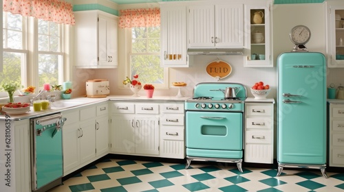 A kitchen with retro appliances and vintage-inspired design elements. AI generated