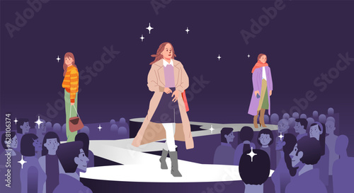 Fashion models girl showing represent new clothes outfit trendy modern stylish Posing walking on catwalk ramp stage runway. Audience crowd watching