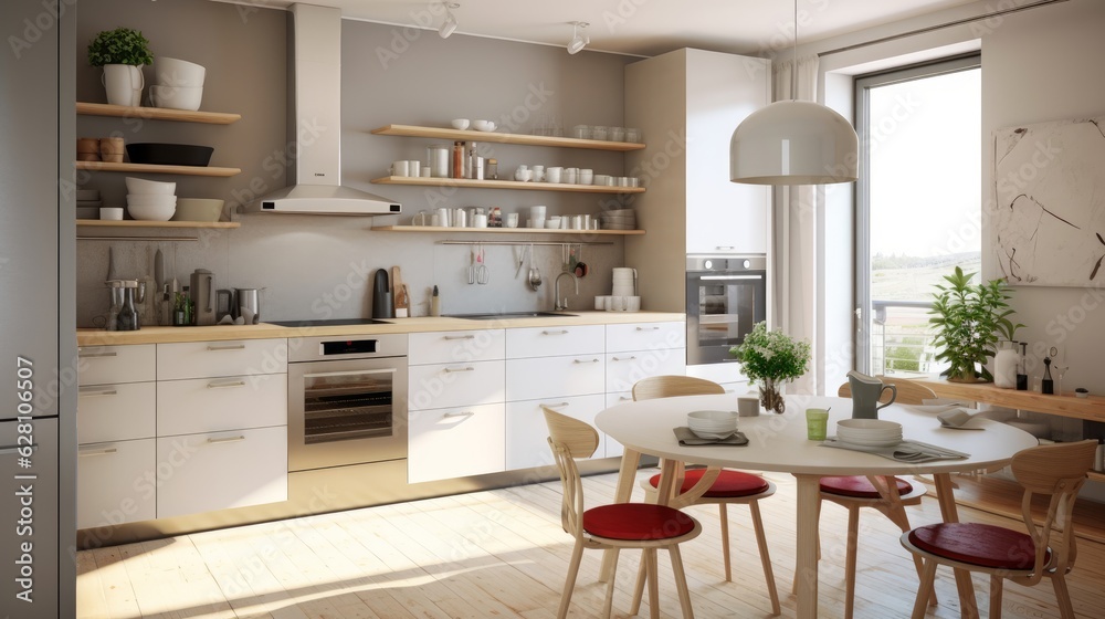 A bright kitchen with Scandinavian design elements. AI generated