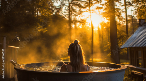 Woman is enjoying hot water in hot tub in a forest in a garden with beautiful sun, Generative AI photo