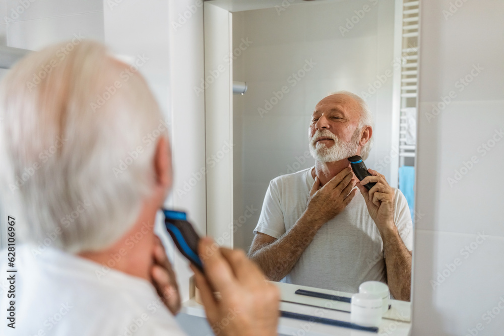 Bearded senior man in white shirt trimming his beard with a trimmer at home. Bearded senior man in white shirt trimming his beard with a trimmer at home.