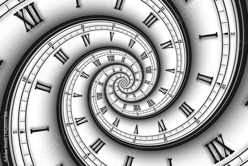 Abstract modern white spiral clock dial with roman and arabic numerals. Concept of Infinite time  deadline  scheduling  time and space  past  present and future.