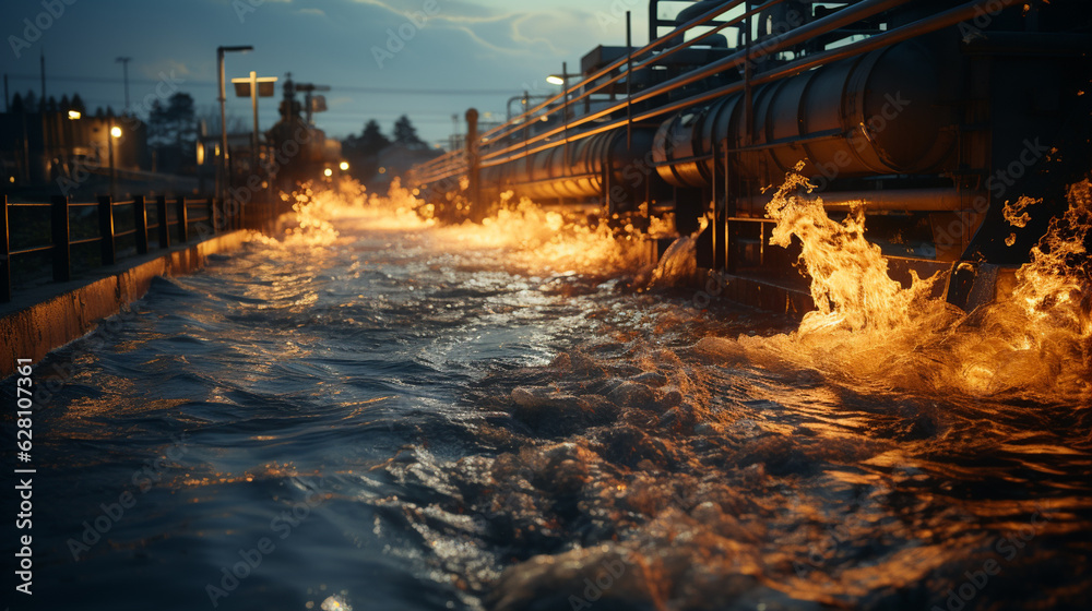 Toxic wastewater discharged from sewage pipe at the treatment facility. Generative Ai