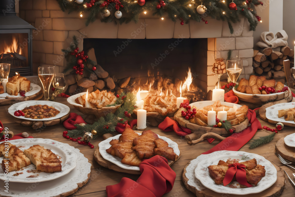 Joyful Christmas Banquet, Festive Dinner Table, Twinkling Fairy Lights, Seasonal Delights