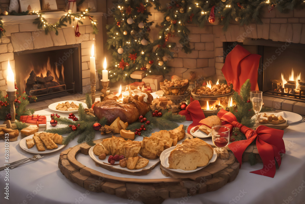 Joyful Christmas Feast, Celebrate with a Lavish Dinner Table, Festive Delicacies, Twinkling Fairy Lights