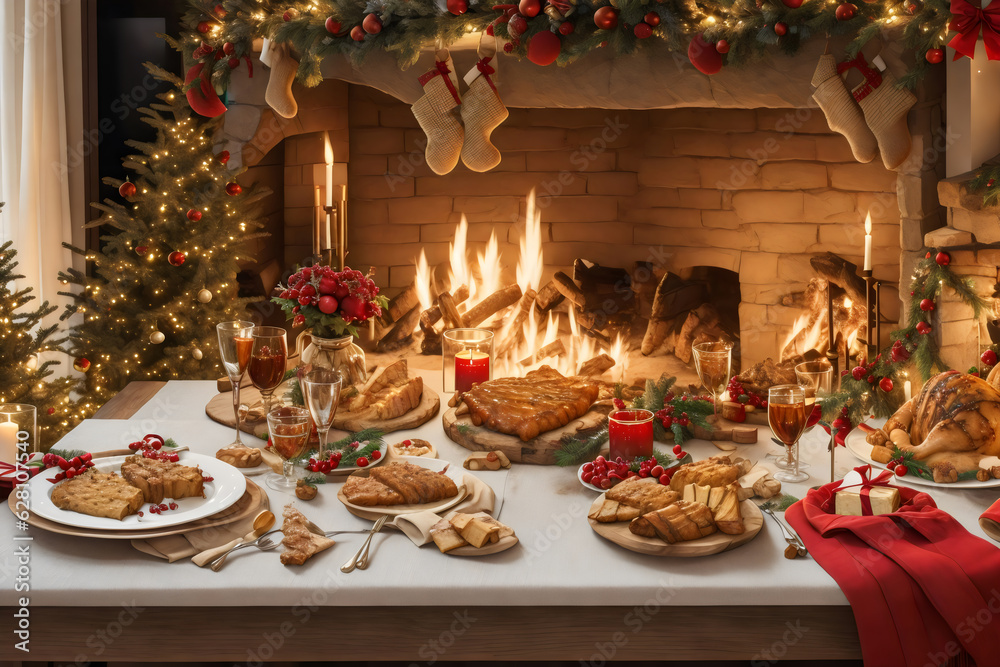 Merry Christmas Banquet, Enchanting Dinner Table, Traditional Spread, Fairy Lights Glow