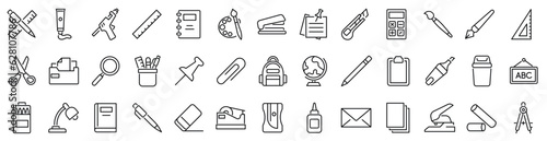 Set of outline icons related to school stationery. Linear icon collection. Editable stroke. Vector illustration